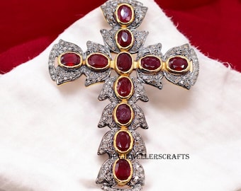 Ruby Cross Pendant: Victorian Pave Diamond, 14k Gold Plated 925 Sterling Silver Jewelry