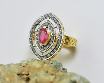 Rubin & Diamant Ring – 925 Sterling Silber 14K Gold Plated Victorian Style