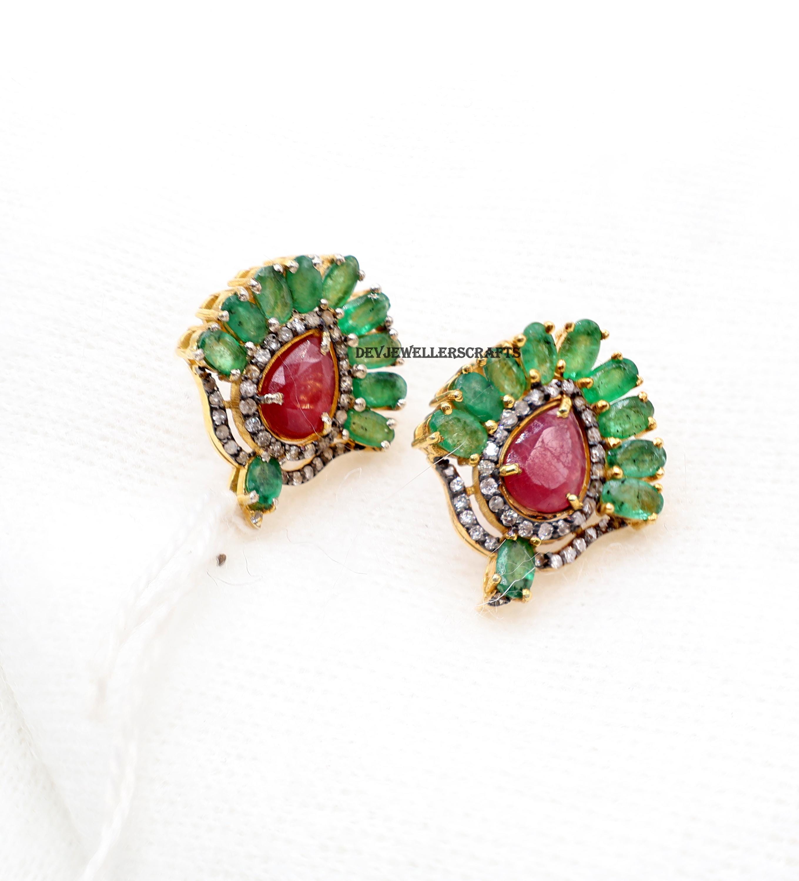 Ruby Emerald Sterling Silver Earrings: Victorian Pave Diamond