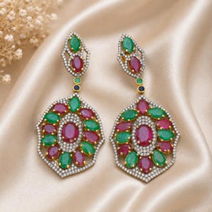 Natural Ruby Emerald Earrings, 925 Sterling Silver Pave Diamond Statement Dangle Earrings