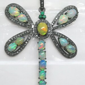 Natural Opal Gemstone & Pave Diamond Pendant, 925 Sterling Silver, Emerald Gemstone, Dragonfly Shape Pendant, Birthday Gift, Gift For Love.