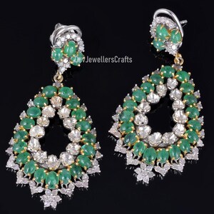 Natural Emerald & Polki Earring, 925 Sterling Silver, Pave Diamond, Handmade Dangling Earring, Victorian Earring, Polki Jewelry