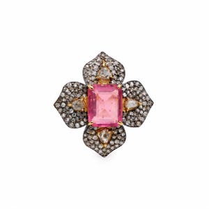 Natural Ruby & Tourmaline Victorian Ring: 925 Sterling Silver Pave Diamond Accent