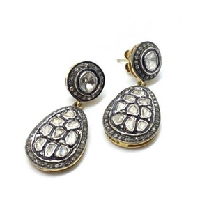 Rose Cut Polki Diamond & Pave Diamond Earring, 925 Sterling Silver, Handmade Designer, Victorian Earring, Polki Jewelry, Gift For Her.
