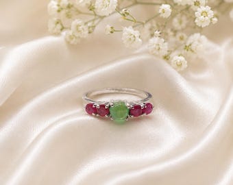 Natural Emerald Ruby Ring, 925 Sterling Silver Gemstone Band Ring