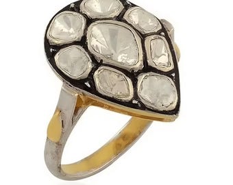 Anillo de diamantes Polki sin tallar en plata esterlina: joyería de boda victoriana