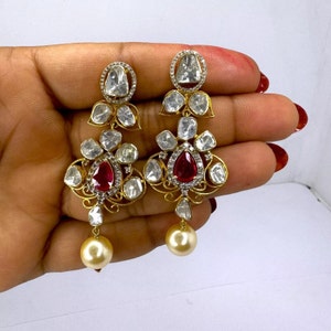 Victorian Earring, Natural Ruby & Polki Diamond Earring 925 Sterling Silver Wedding Earring Pearl Earring Antique Earring Gorgeous Earrings