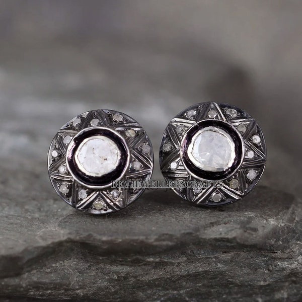 925 Sterling Silver, Real Polki & Pave Diamond Stud Earring, Handmade Designer, Wedding Gift, Victorian Vintage Jewelry, Gift For Her