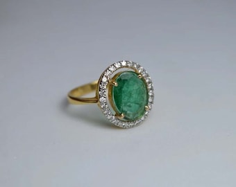Emerald & Diamond Ring: 925 Sterling Silver, 14K Gold Plated, Victorian Vintage Style