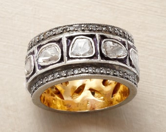 Band Ring, Natural Rose Cut Polki & Pave Diamond Ring, Handmade Victorian Band Ring, 925 Sterling Silver, Polki Jewelry, Gift For Her.