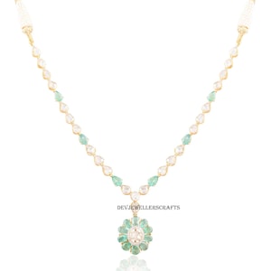 Green Emerald Gemstone Necklace, 925 Sterling Silver Pave Diamond Necklace, Natural Uncut Polki Floral Necklace, Anniversary Jewelry Gift.
