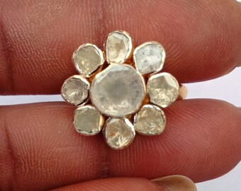 Anillo de diamantes Polki sin tallar hecho a mano: joyería victoriana de plata de ley 925