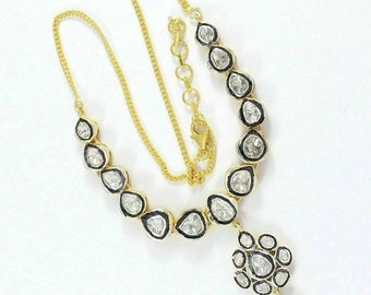 Gold Plated Sterling Silver Polki Diamond Necklace - Victorian Handmade Jewelry