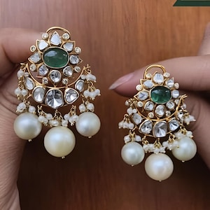 Natural Emerald, Pearl Gemstone Rose Cut Polki Pave Diamond Earring, Handmade Designer Earring, 925 Sterling Silver, Engagement Earring.