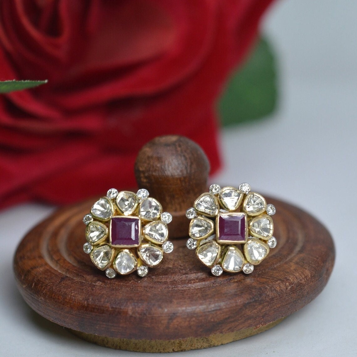 Indiamart Push Back Stud Earrings Natural Ruby Uncut Polki Diamond