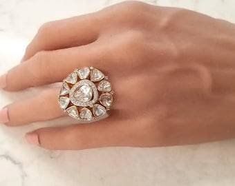 Engagement Ring, 925 Silver, Natural Rose Cut Polki & Single Cut Diamond Ring, Handmade Ring, Polki Diamond Ring, Polki Ring, Gift for Her
