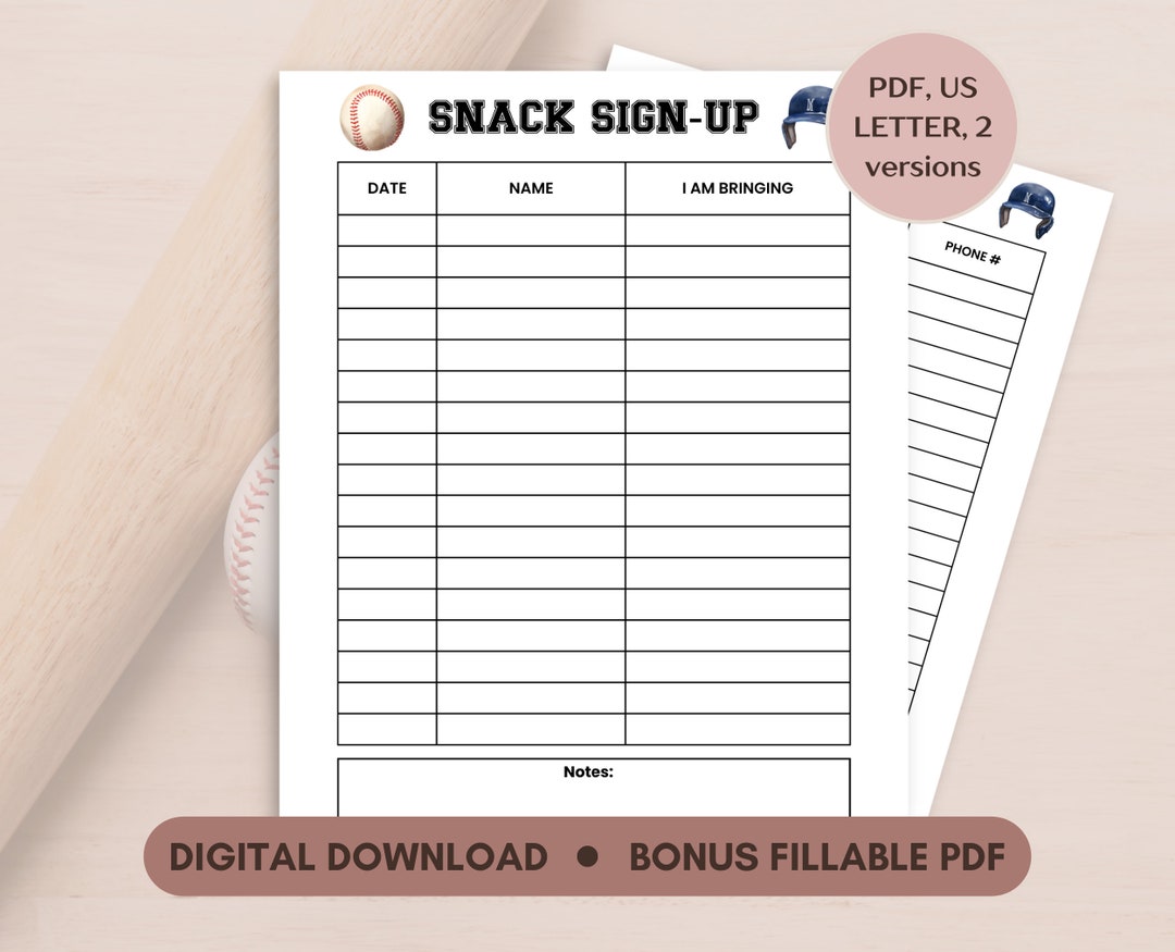 Snack Sign up Sheet Fillable, Baseball Coach Snack Signup Sheet ...