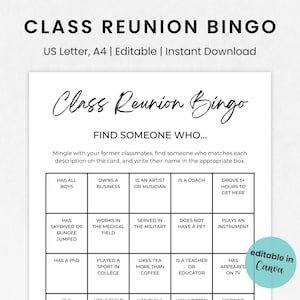 Bearbeitbares Klassentreffen-Bingospiel, Klassentreffen-Bingo, High School-Wiedersehensspiel, 50