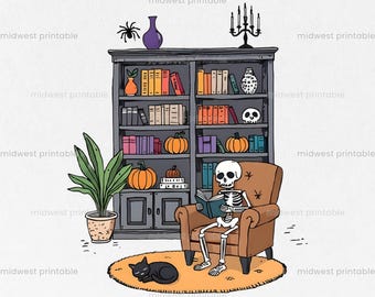 Skeleton Reading Book png, Skeleton png, Halloween Bookshelf Png, Book Lover Shirt PNG, Book Lover Halloween Mug Design, Instant Download