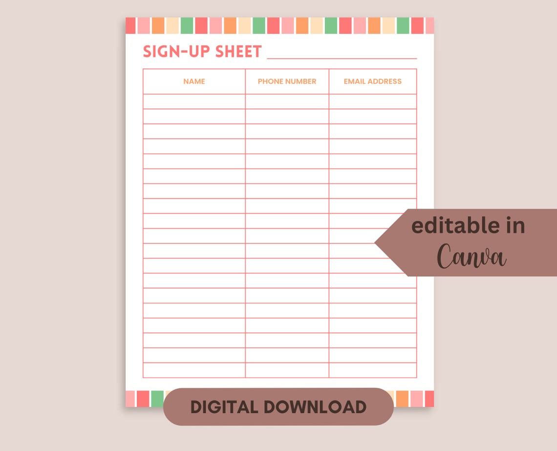 EDITABLE Sign up Sheet, Email Signup Sheet Printable, Summer Signup ...