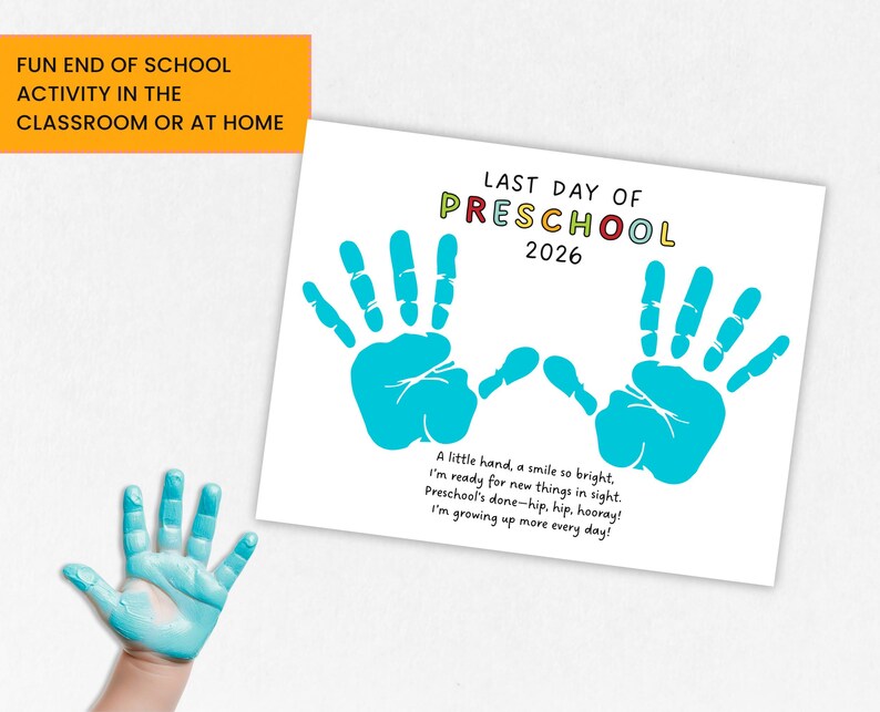 Last Day of Preschool Handprint Art, Preschool Graduation Handprint Craft, Printable Pre-K Graduation, Handprint Art Keepsake 2026 image 3