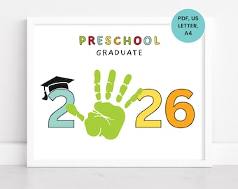 Laatste dag van de kleuterschool handafdrukkunst, kleuterschool afstuderen handafdruk ambacht, afdrukbare pre-K afstuderen, handafdruk kunst aandenken 2026
