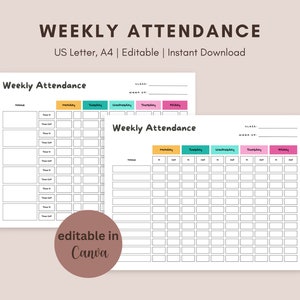 Weekly Attendance Tracker Template, Daycare Sign In, Preschool Class Attendance, Editable Sign Out Sheet