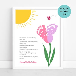 Plantilla de arte con huellas de pies para el Día de la Madre, manualidad con huellas de flores para el Día de la Madre, recuerdo para el Día de la Madre, regalo con huellas de pies de bebé para el Día de la Madre