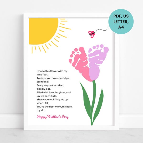 Mothers Day Footprint Art, Mothers Day Footprint Craft, Flower Footprint, Mothers Day Keepsake, Baby Footprint Gift for Mother's Day