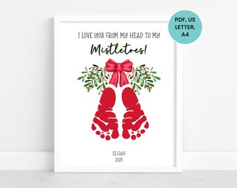 Mistletoes Christmas Footprint Craft Template, Xmas Toddler Footprint Art, Infant Footprint Craft, Baby and Toddler Winter Footprint Art