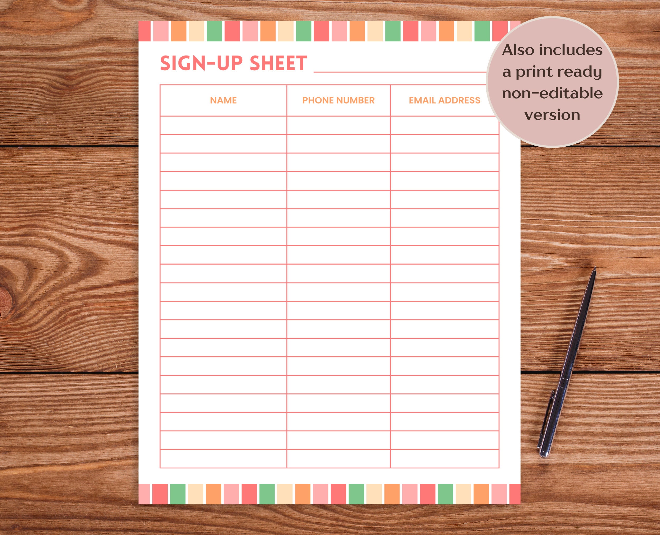 Editable Sign up Sheet, Email Signup Sheet Printable, Summer Signup ...