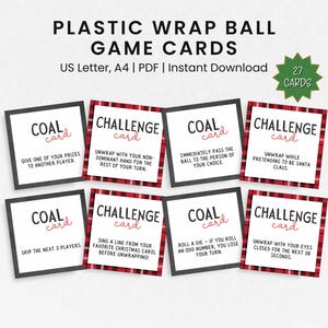 Tarjetas de desafío de bolas de envoltura de plástico navideñas, juego de envoltura de plástico, juego grupal navideño, juego de pelota navideña, juego de fiesta navideña, tarjeta de bola de premio