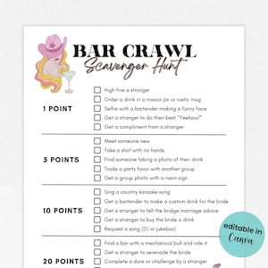Editable Bachelorette Bar Crawl Scavenger Hunt, Bachelorette Party Game