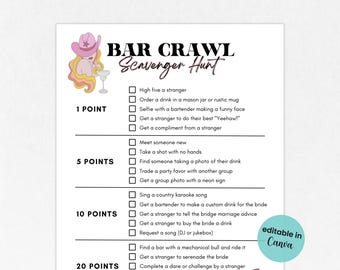 Editable Bachelorette Bar Crawl Scavenger Hunt, Bachelorette Party Game, Printable Bar Game, Adult Scavenger Hunt