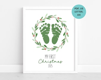 My First Christmas Wreath Handprint Craft Template, Infant Christmas Craft, My First Christmas Footprint Art, Handprint Art for Daycare