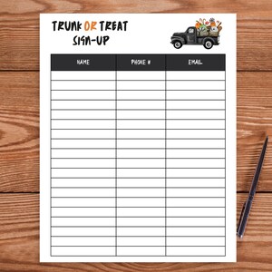 May include: A white sign-up sheet with the words "TRUNK OR TREAT SIGN-UP" in black and orange. A black truck illustration carries pumpkins and treats. The sheet has sections for name, phone, and email.