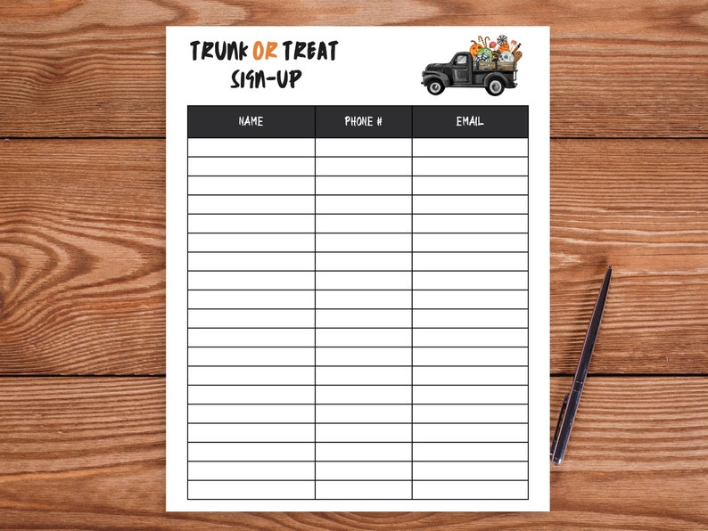 May include: A white sign-up sheet with the words "TRUNK OR TREAT SIGN-UP" in black and orange. A black truck illustration carries pumpkins and treats. The sheet has sections for name, phone, and email.