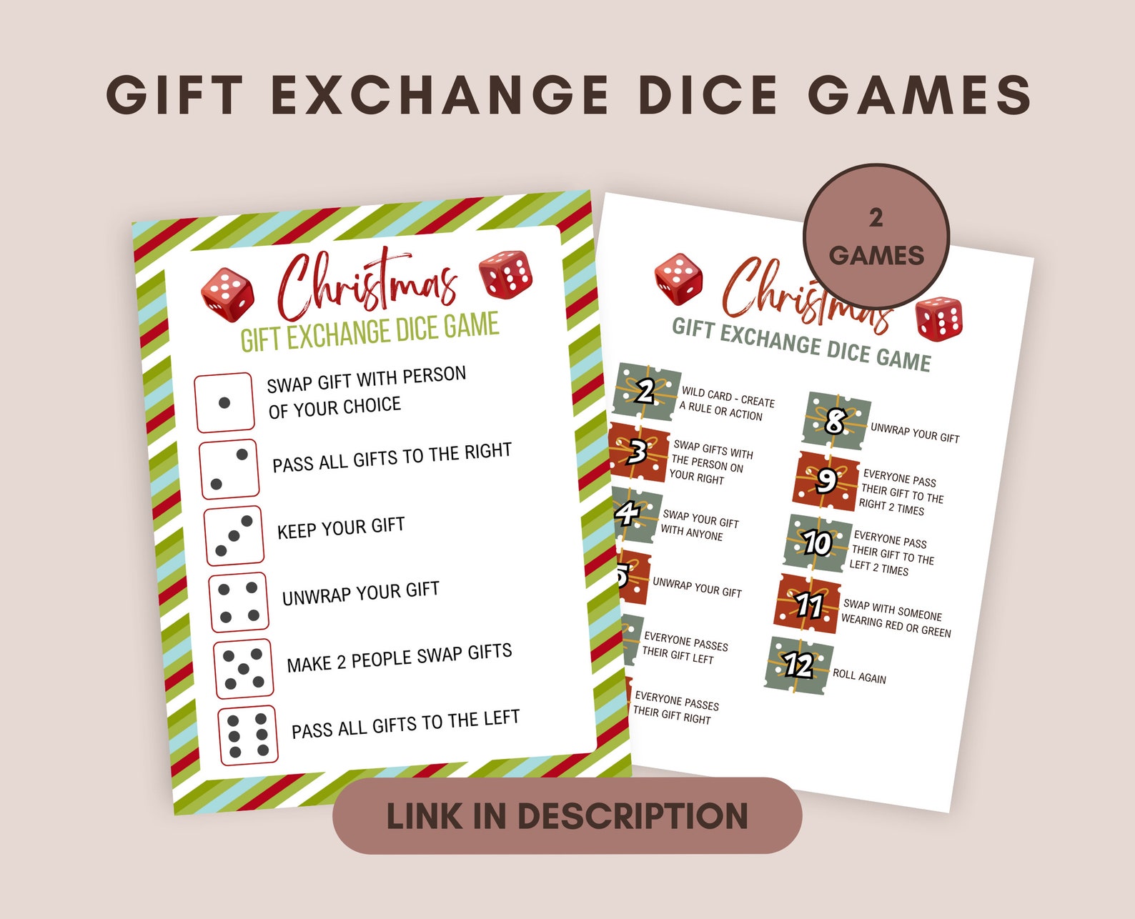 Christmas Dice Game Printable, Christmas Gift Exchange Dice Game, White