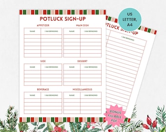 May include: Printable potluck sign-up sheet with a festive winter holiday theme. The sheet is divided into sections for starters, main courses, sides, desserts, drinks, and miscellaneous items. Each section has a space for a name and what they are bringing. The sheet is decorated with a watercolour illustration of winter greenery, berries, and snowflakes.
