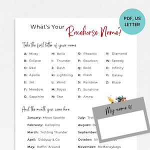 What&#39;s Your Racehorse Name Game, Printable Derby Game, Horse Race Game, Derby Party Activity