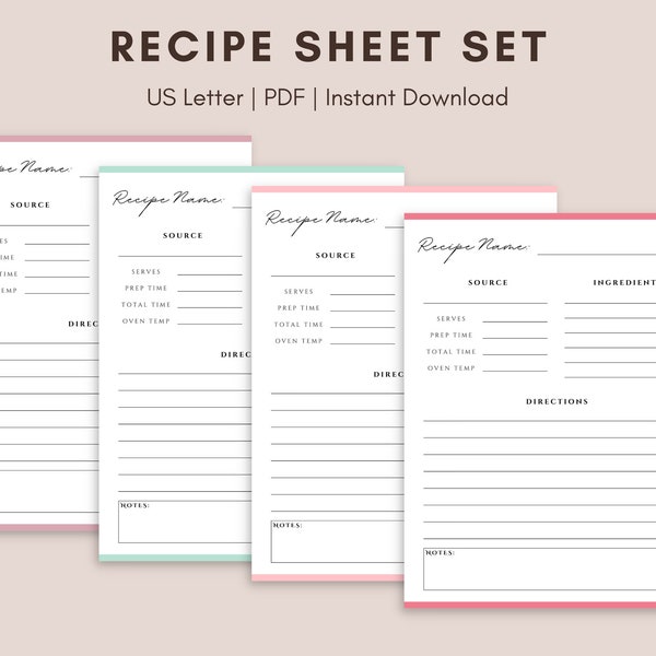 Recipe Sheet Set, Printable Recipe Sheets for Binder, Blank Recipe Pages, Sheet for Handwritten Recipes