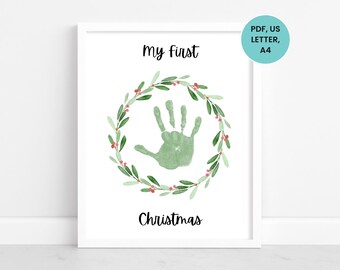 My First Christmas Handprint Craft Template, My First Christmas Footprint Art, Infant Christmas Craft, Handprint Art for Daycare
