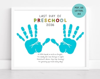 Laatste dag van de kleuterschool handafdrukkunst, kleuterschool afstuderen handafdruk ambacht, afdrukbare pre-K afstuderen, handafdruk kunst aandenken 2026