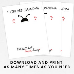 K&ouml;nnte beinhalten: Druckbare Karte mit dem Text "To the best Grandma" und einer schwarzen Marienk&auml;fer-Illustration. Die Karte enth&auml;lt auch den Text "From your love bug" mit einem roten Herzen.