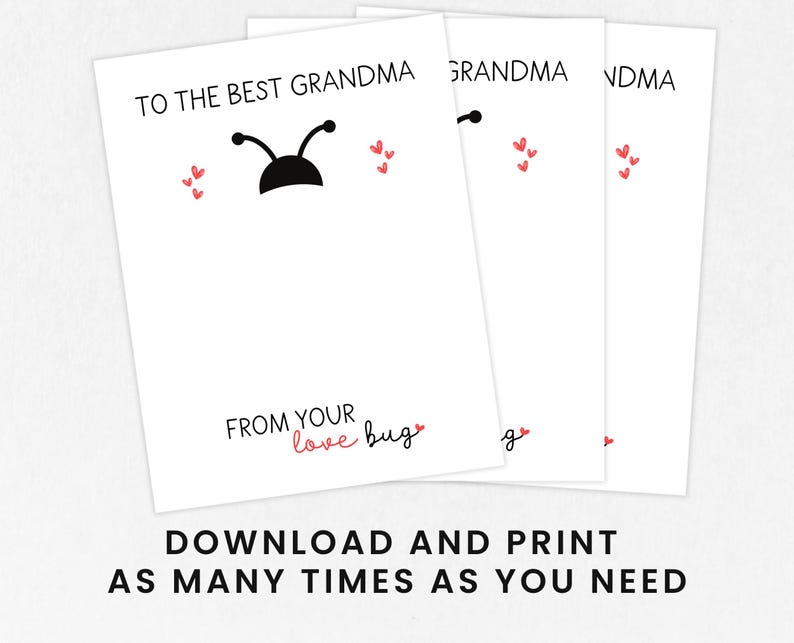 K&ouml;nnte beinhalten: Druckbare Karte mit dem Text "To the best Grandma" und einer schwarzen Marienk&auml;fer-Illustration. Die Karte enth&auml;lt auch den Text "From your love bug" mit einem roten Herzen.