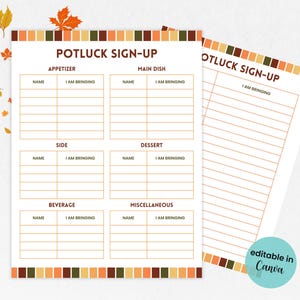 Editable Potluck Sign Up Sheet, Office Potluck Party Printable, Fall Party Potluck Signup, Thanksgiving Food Sign Up Sheet