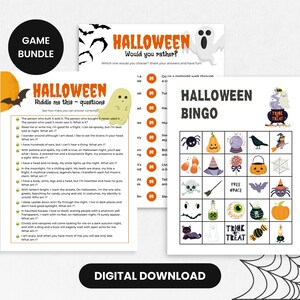 Halloween Activities Printable Bundle, Halloween Riddles, Would You Rather, Halloween Bingo, Activities for Kids, Office Party Games