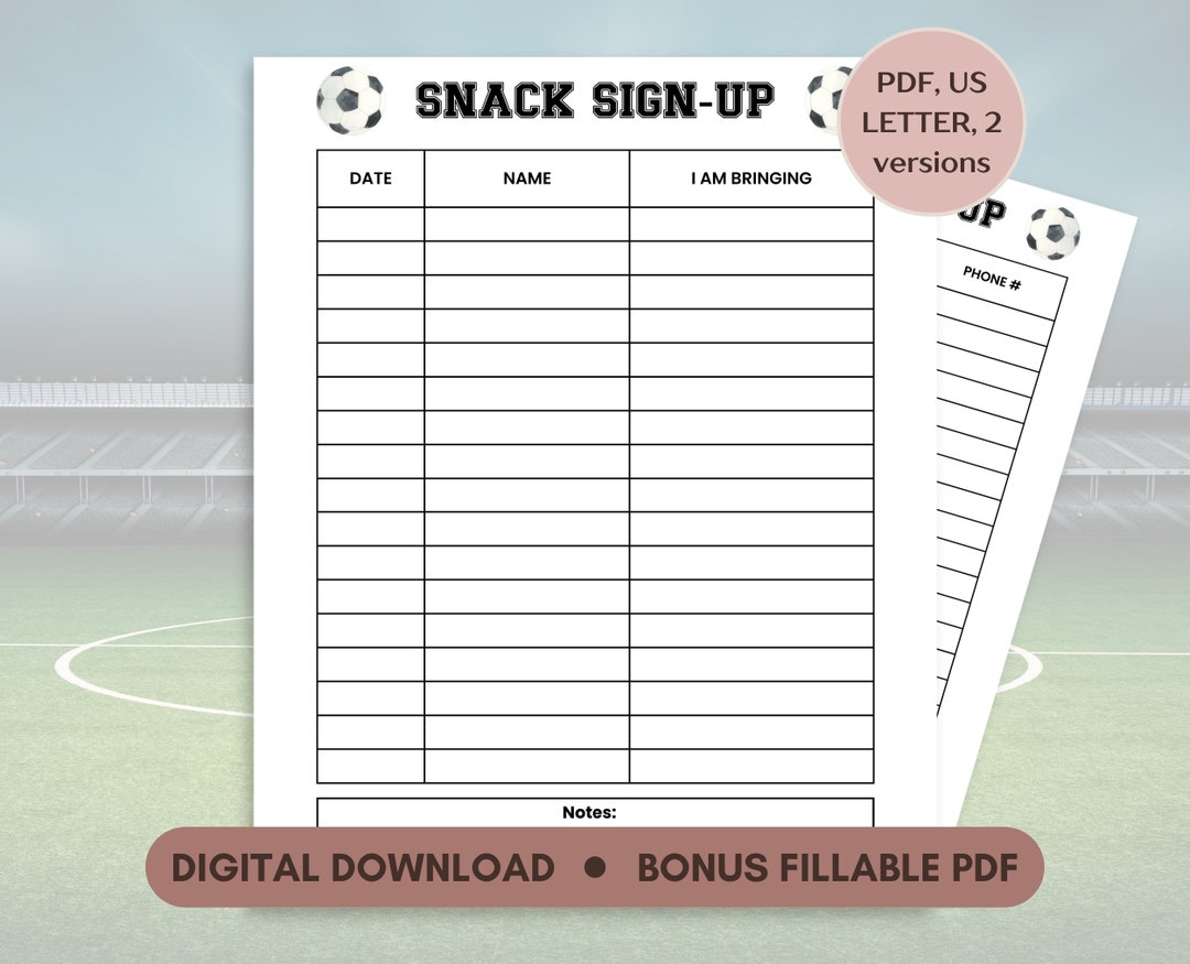 Snack Sign up Sheet Fillable, Soccer Coach Snack Signup Sheet Printable