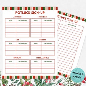 Op de afbeelding: Een printbaar potluck-aanmeldformulier met een feestelijk kerstthema. Het formulier is verdeeld in secties voor voorgerechten, hoofdgerechten, bijgerechten, desserts, dranken en diverse items. Elke sectie heeft ruimte voor een naam en wat ze meebrengen. Het formulier is versierd met een groene, rode en witte kerstborder.