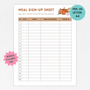 Meal Sign Up Sheet, Fall Meal Train Signup Sheet Printable, Food Signup, Feed the Parents